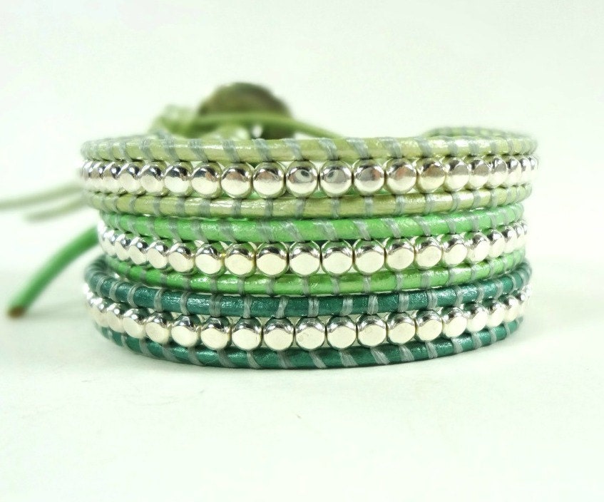 Set of 3 Leather Wrap Bracelets by Wrapology - sea, ombre, teal, turquoise, shell, leather, chan luu style, ready to ship