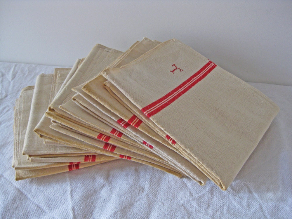 French monogrammed torchons unused vintage tea towels french country chic
