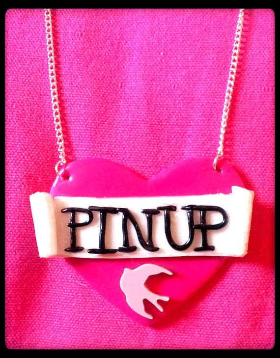 Pin-Up Tattoo Heart Necklace Swallow Rockabilly Tattoo Psychobilly