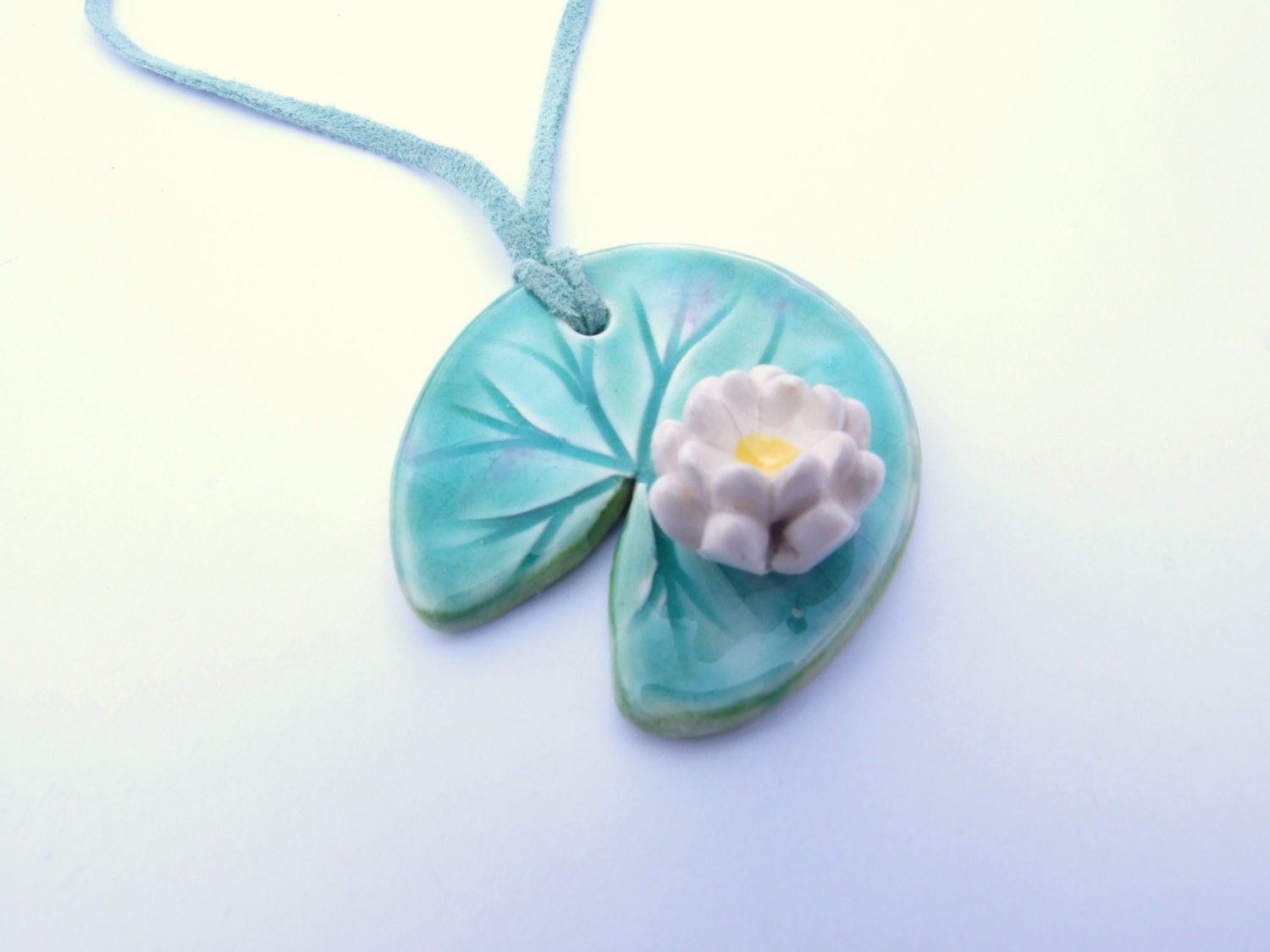 Water lily necklace ceramic green leaf  lily pad Summer time