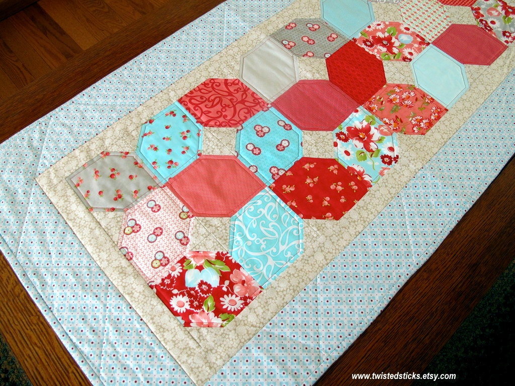 Cottage Chic Table Runner in teals and corals, patchwork table runner