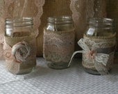 VINTAGE Lace candle jars for weddings, Burlap and vintage lace flowers or candle jar