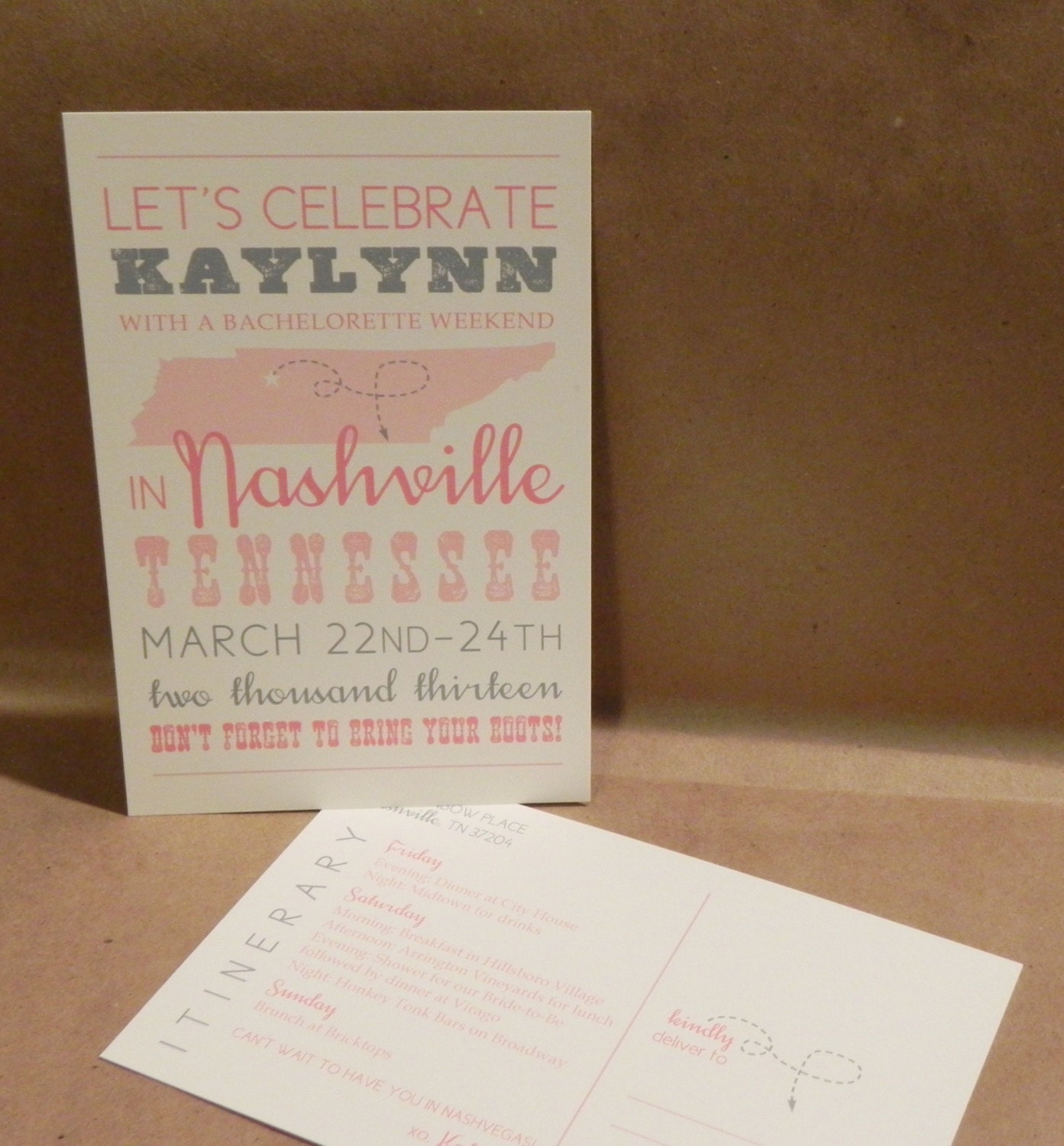 Nashville / State / Fun Bachelorette Weekend / Roadtrip / Printed Invitation / Postcard / Custom Save the Date /  Party / Darby Cards