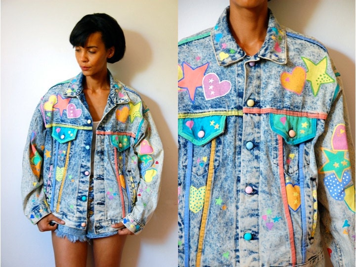 Vtg Acid Wash Painted Hearts Stars Rhinestoned Denim Jacket
