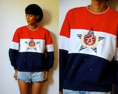 Vtg Nautical Studded Gold Red White Blue Color Block Sweater