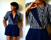 Vtg Nautical Striped Gold Stars White & Navy Romper Playsuit
