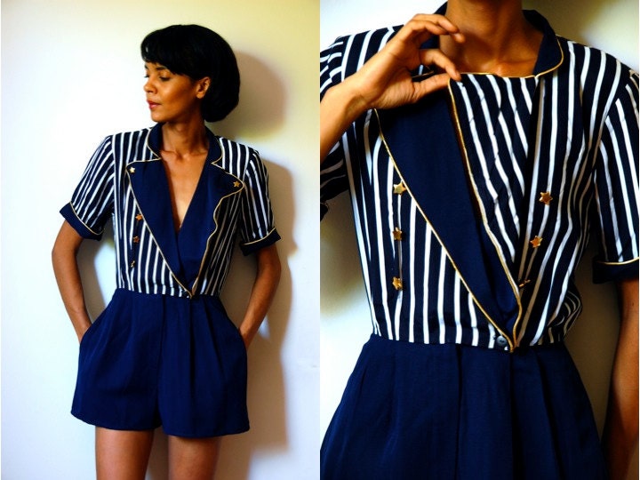 Vtg Nautical Striped Gold Stars White & Navy Romper Playsuit