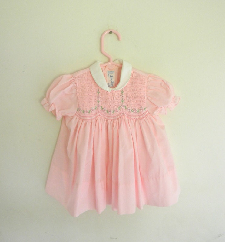 Vintage Baby Dress, Pink Smocked Baby Dress 6-9 Mos.