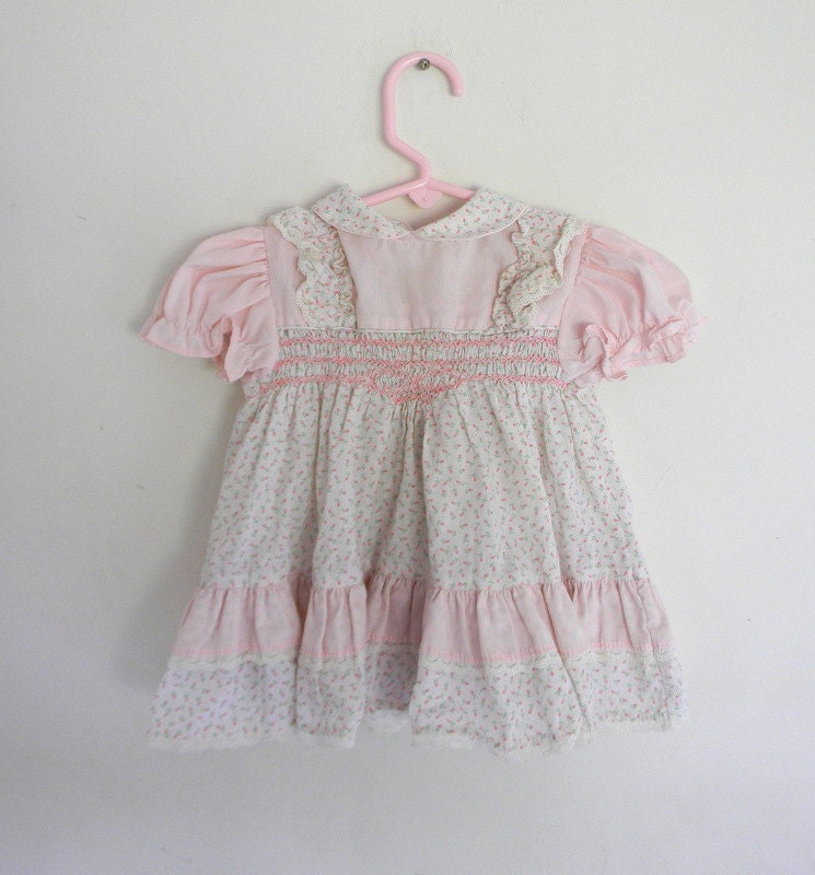 Vintage Baby Dress, Smocked Baby Dress Size 12 Months, Pink and White, by Polly Flinders