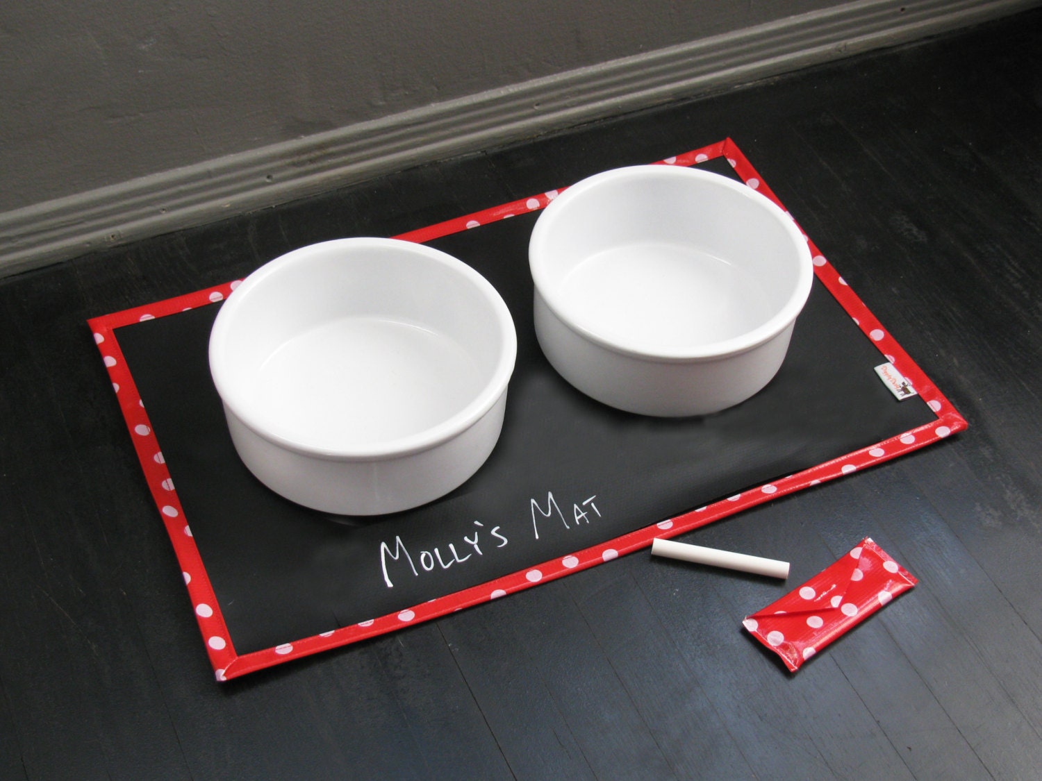 Chalk Cloth Pet Placemat with Red Polka Dot Border