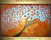 Original Large Abstract Painting Modern Contemporary Canvas Art Gold White Orange Blossom Tree 36x24 Palette Knife Texture Oil J.LEIGH