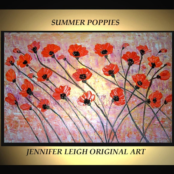 Original Large Abstract Painting Modern Contemporary Canvas Art Orange Gold White SUMMER POPPIES 36x24 Palette Knife Texture Oil J.LEIGH