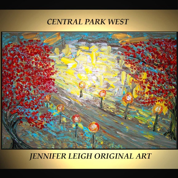 Original Large Abstract Painting Modern Contemporary Canvas Art Yellow Blue Red CENTRAL PARK Trees 36x24 Palette Knife Texture Oil J.LEIGH