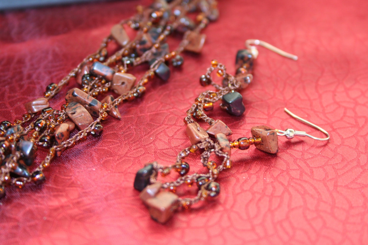 Brown Polished Stone  Handmade Beaded Crochet  Necklace, Bracelet and Earring Boxed Jewelry Set