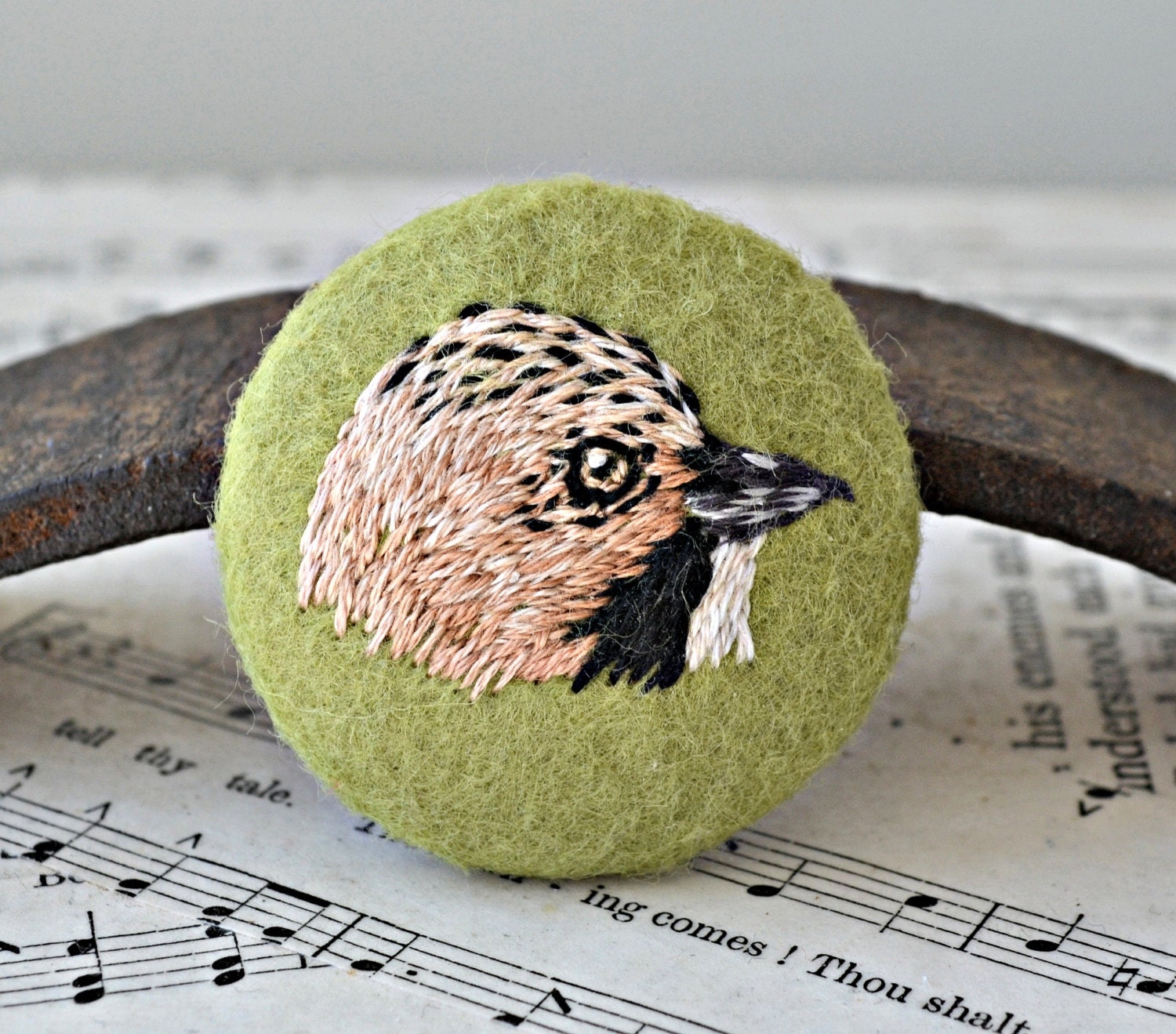 Hand Embroidered Jay Bird Button Brooch