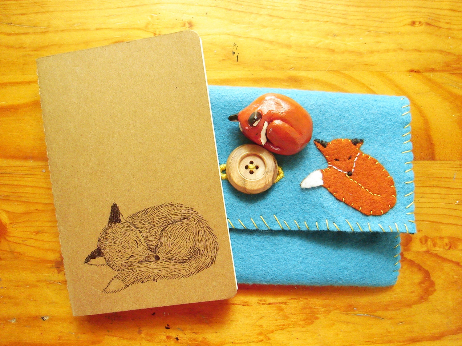 Fox Gift Set - Fox Felt Wallet - Fox Moleskine Journal - Fox Totem