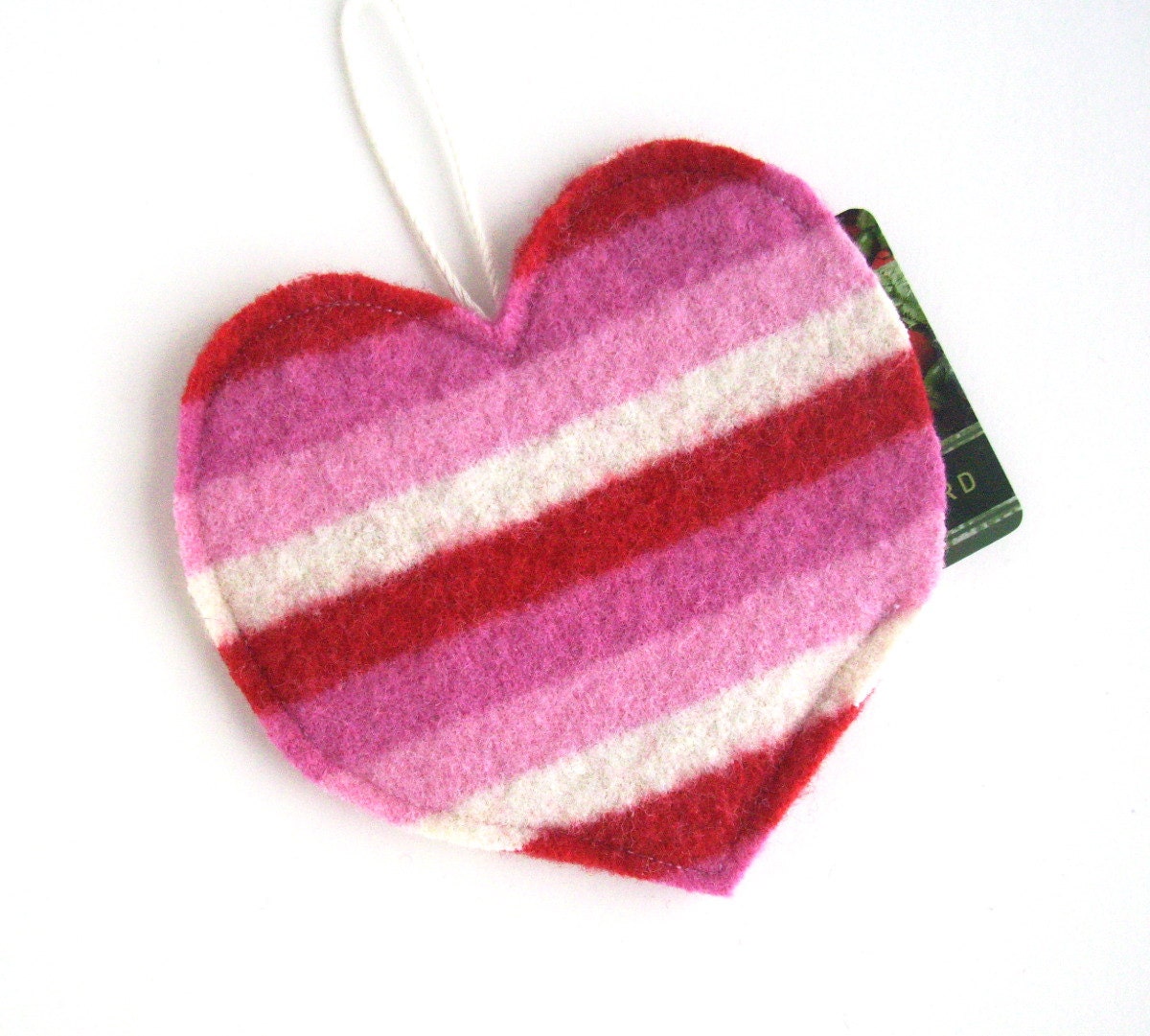 Felted Wool Pink/Red/White Striped Heart Gift Card Holder/ Coaster, Upcycled, Ornament, Green Valentine's Day Decoration, Wedding Shower