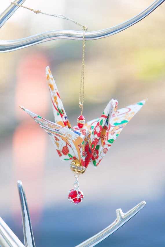 Colourful Beige Origami Crane Ornament