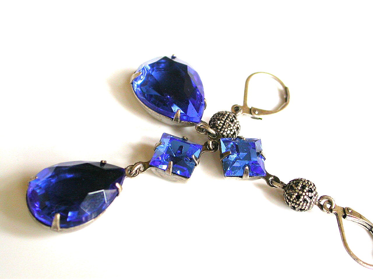 Sapphire Crystal Dangling Earrings on Silver - Victorian Jewelry - Angelina Jolie Inspired Earrings