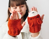 20% Fall Sale, For KIDS FOX fingerless GLOVES Mittens Gift Wool Crochet Winter Girl Teen Cozy Ginger Red Forest Animals Woodland - warmYourself