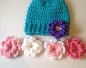 Handmade baby hat interchangeable flowers pink bling  teal hat newborn infant