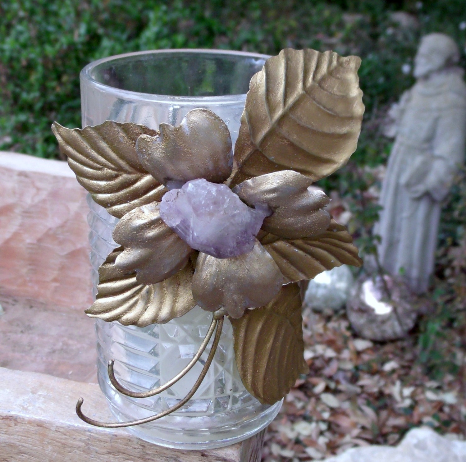 Beautiful Glass and Metal Candle Holder. Up Cycled Home Accents. Metallic Gold Embellished Candle. Unique Candle. One of  kind Gifts.