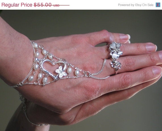 Bridal Heart Pearl Slave Bracelet Ring, Sterling Silver and Fresh water pearl Bracelet ring. Adjustable. 6-8"