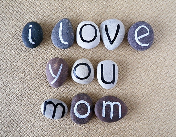 Mother's Day Gift Idea, I Love You Mom, 11 Magnets Letters, Custom Quote, Beach Pebbles by Happy Emotions, Sea Stones, Rocks