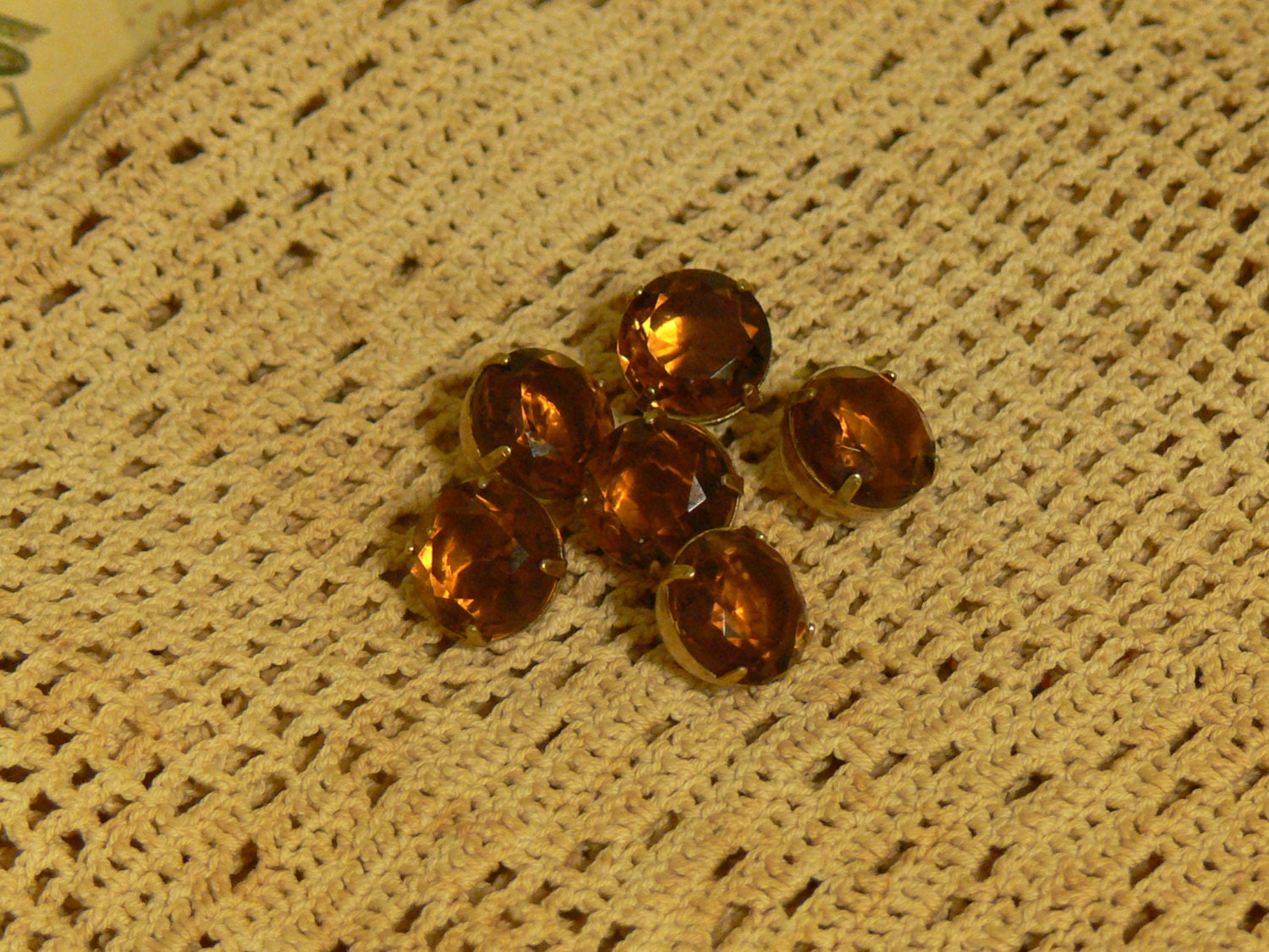 Buttons Vintage Topaz Glass Rhinestone Gorgeous 7/16" Brass Prong Set 11mm (6)