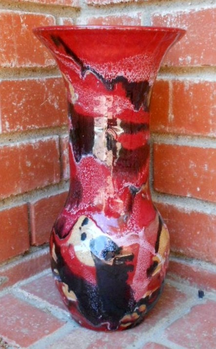 Bright Red Tall Vase with Black and Off White Drippy Accent Glaze