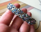 Vintage Silver Tone Baby Blue AB Rhinestone Cuff Safety Chain Bracelet Signed Lisner