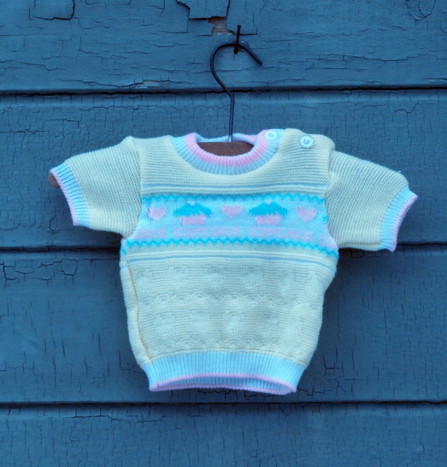 vintage childwise yellow pastel knit sweater with cupcakes tag size 6 months