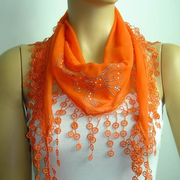 ORANGE cotton scarf lace fringe - shiny studded bowties - mothers day scarf