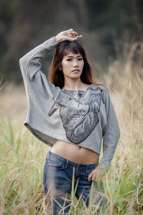Anatomical Heart sweatshirt -Anatomical Heart screenprinted on Gray pullover bat wing style women long sleeve grey sweatshirt