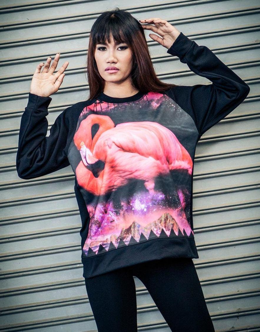 Flamingo Screenprinted Sweatshirt - Bird Oneck Shirt Longsleeved Sweater In Black.