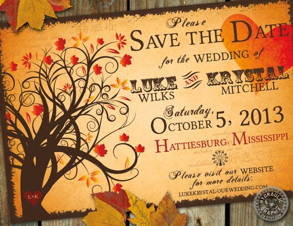Fall Save the Date wedding Invitation with halloween, enchanting autumn tree, fall leaves, heart and carnival elements Il_570xn