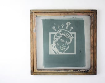 Vintage Pop Art // Repurposedl Silkscreen // Retro Graphic Art // Green Grey // Wood Frame