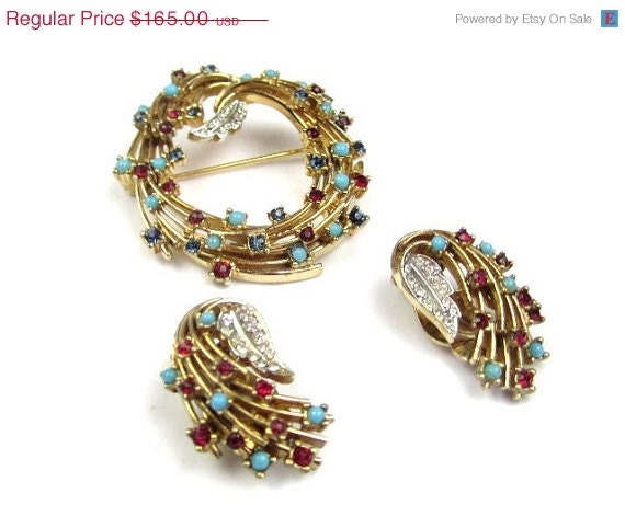 Ciner Aqua and Ruby Red Rhinestone Brooch w Earrings 1940s Vintage Jewelry