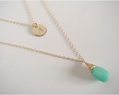 Gold filled initial and aqua chalcedony double strand necklace - 14k GOLD FILLED - Minimalist jewelry