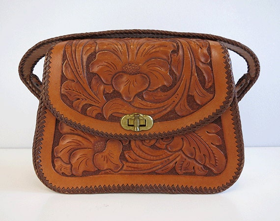 Vintage Tooled Leather Handbag / Hand Tooled Bag Purse Natural Leather