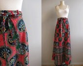 Vintage Wrap Skirt / 1970s Maxi Skirt Bright Color Ethnic Border Print