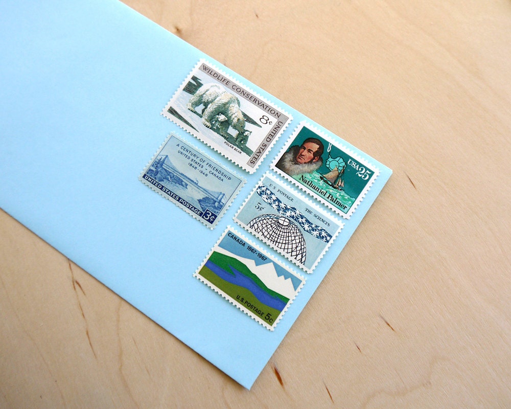 Vintage unused - Ice Blue - postage stamps to post 5 letters - or use in scrapbooking and crafts