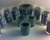 Set of 11- Jeannette Glass Co. Greek Barware- 7 Tumblers, 3 Small Glasses and Ice Bucket