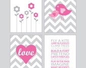 Baby Girl Nursery Art - Chevron bright pink and gray - set of four - 8x10 prints