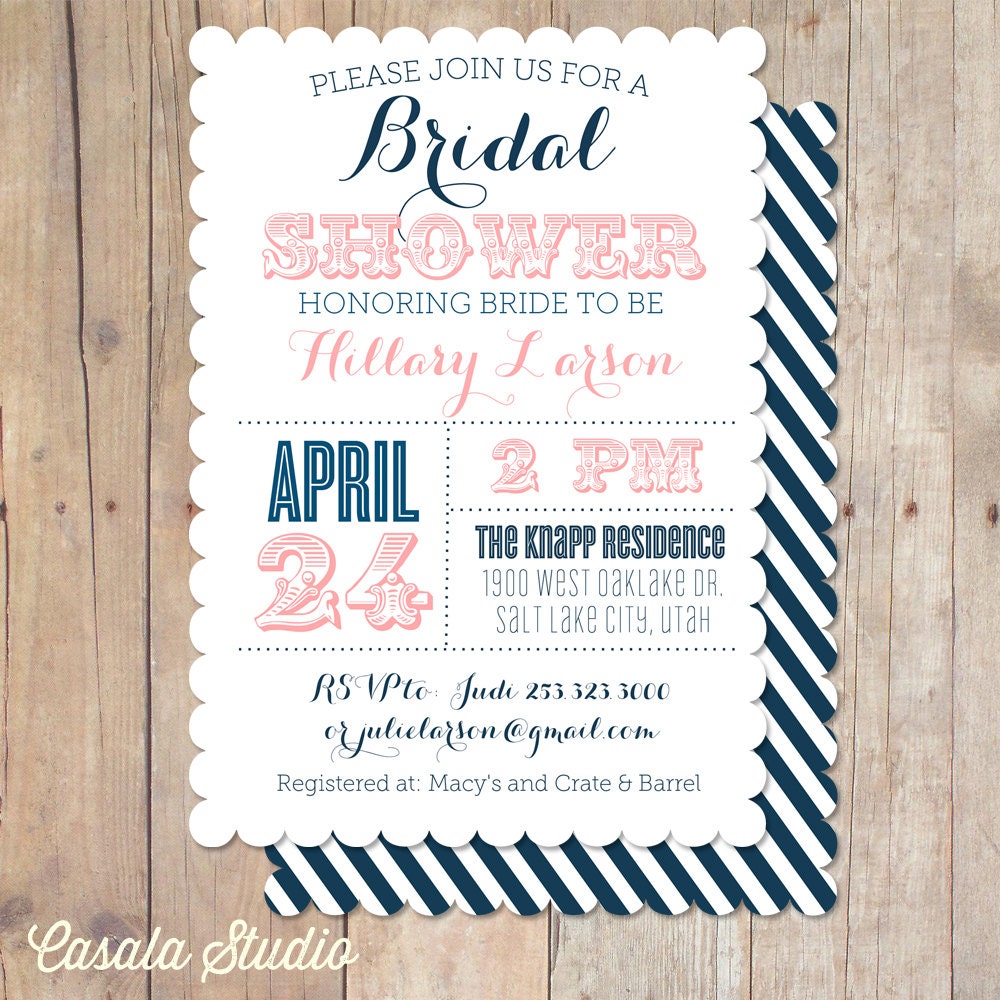 Vintage Nautical Scalloped Bridal Shower Invitation Printable Invite OR Printed Card