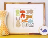 The Woodland Kingdom cute totem animals collage large 12x12 colorful art print for children nursery baby gift collectors piece fox bear deer