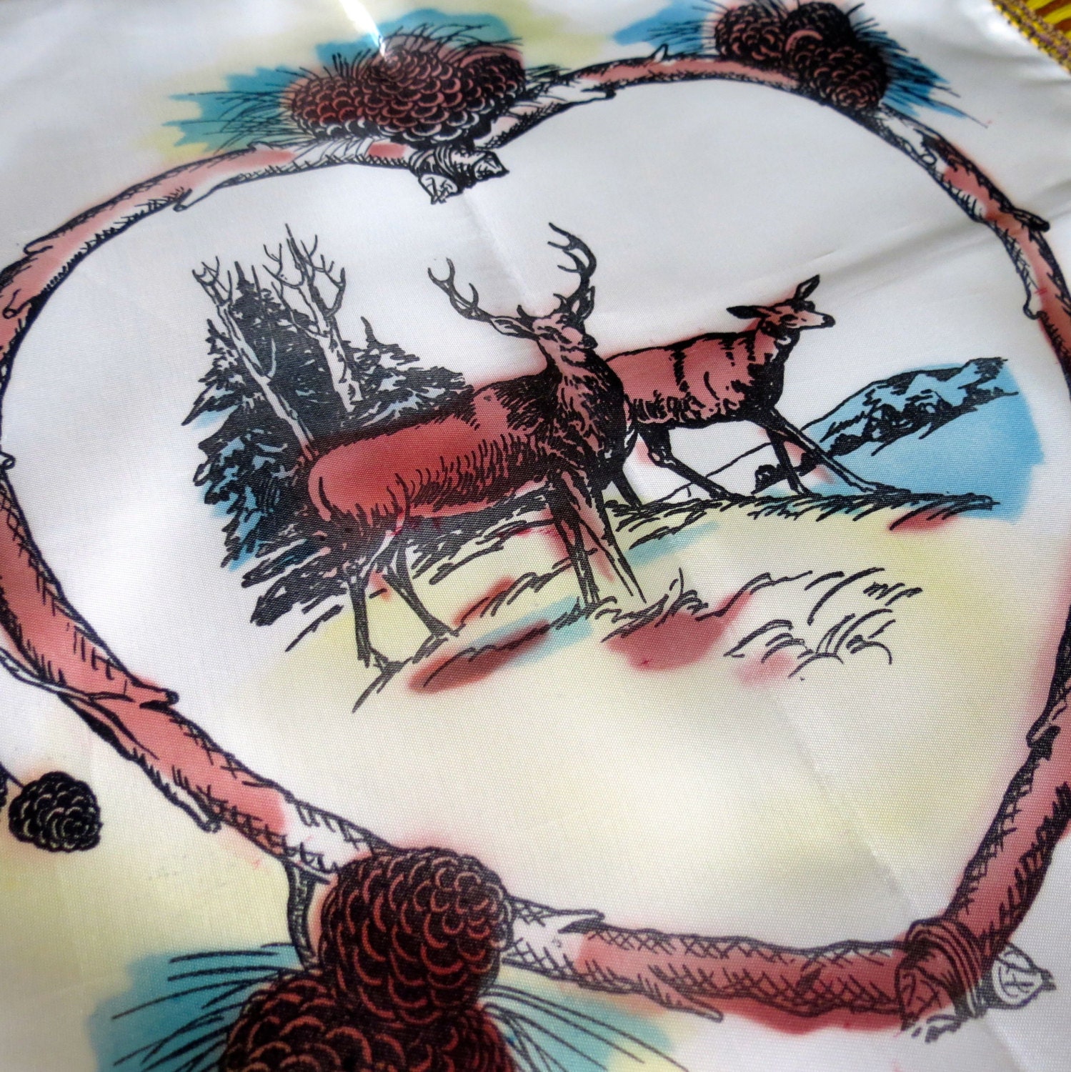 Vintage Satin Pillow Cover Pine Cones Deer Rustic Adirondack