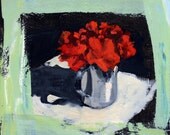 Still Life Painting, Red Flowers in Silver Cup, Oil on Wood Panel, 16x16 inches, Fine Art Canada
