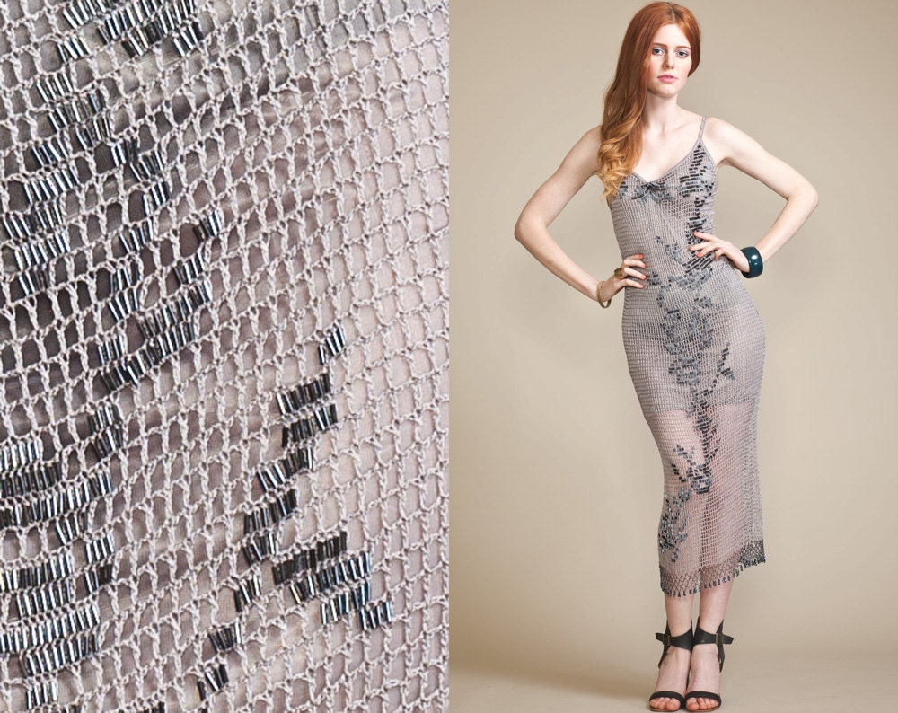 Vintage Gun Metal Grey CROCHET BEADED Maxi 90s Dress // Gray Metallic Fringe