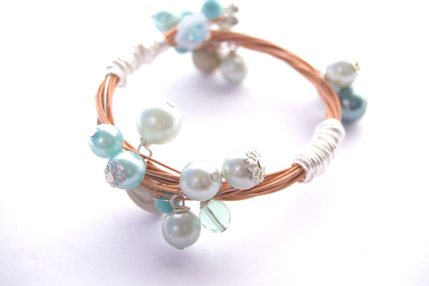Turquoise Teal Pastel Blue Bronze Upcycled Recycled Guitar String Bracelet Handmade UNIQUE